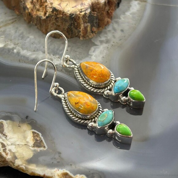 Sterling Silver Southwestern Style Multistone Dangle Earrings For Women #2 - Picture 3 of 10